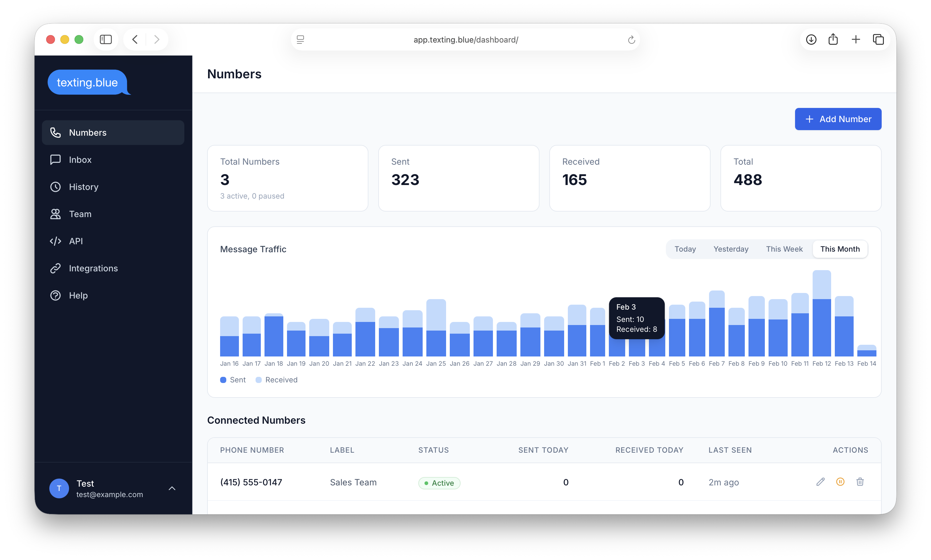 Texting Blue dashboard - send and receive iMessages from your browser